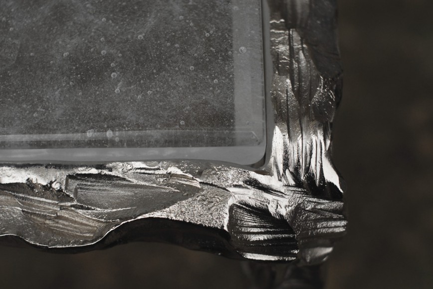 console tabe-annette-forged-sculptured-iron-nickel-pate de verre-glass