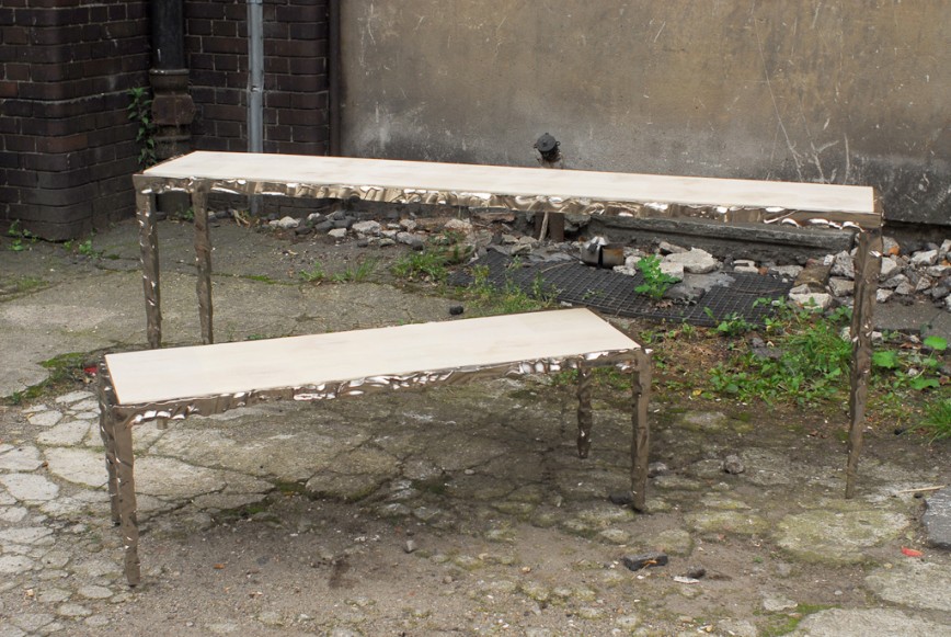 console tables Annette, forged, sculptured iron, nickel plated with shagreen top